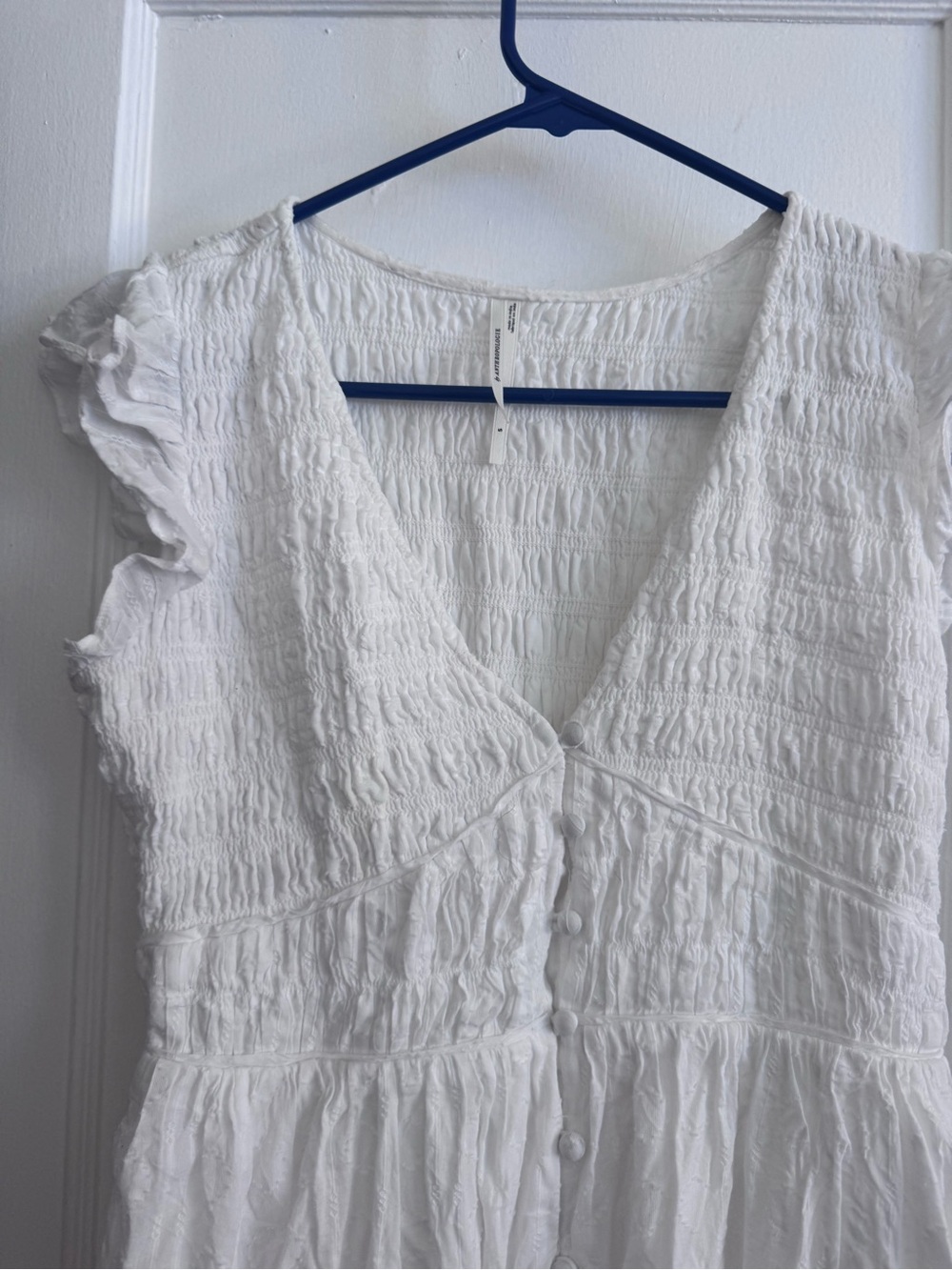 Anthropologie White Button-Down V-Neck Maxi Dress with Ruffle Caps - Picture 2 of 4